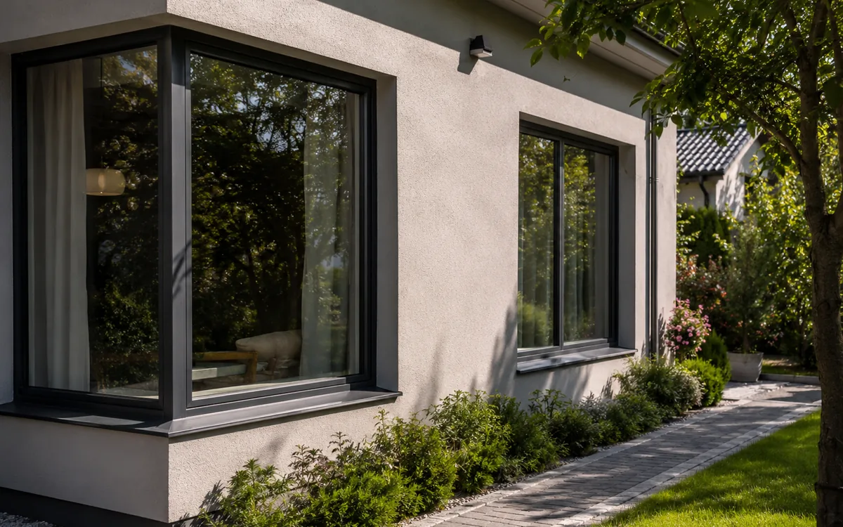 Ferestre moderne cu profile antracit din PVC și aluminiu, montate pe o casă cu grădină
