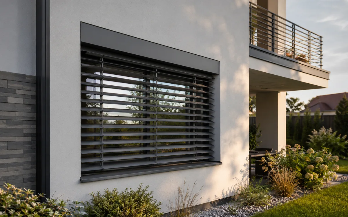 Jaluzele exterioare Raffstore din aluminiu antracit montate pe o casă modernă