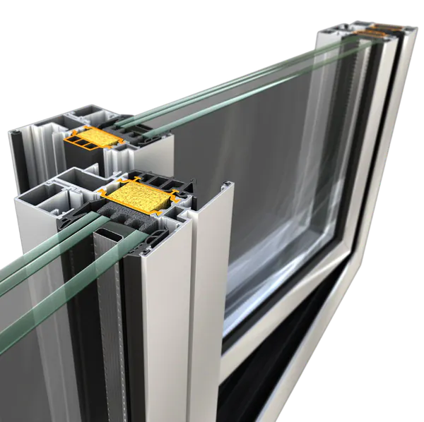 Detaliu tehnic profil din aluminiu ALUMIL SUPREME S77 cu vitraj triplu