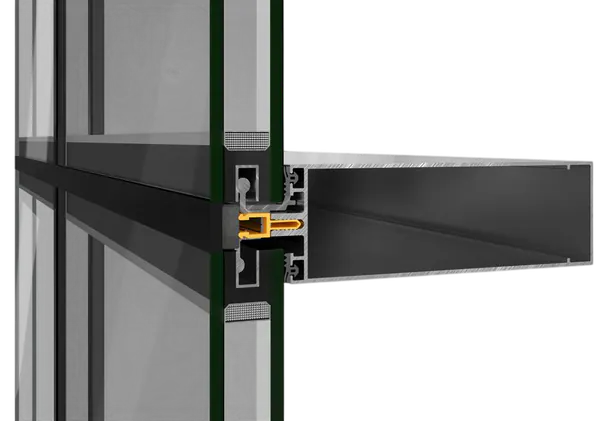 Detaliu tehnic al îmbinării unui sistem de perete cortină din aluminiu și sticlă