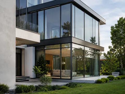 Casă modernă cu fațadă din sticlă și perete cortină din aluminiu ALUMIL