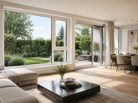 Living modern cu ferestre din aluminiu ALUMIL SUPREME S77 și vedere spre grădină
