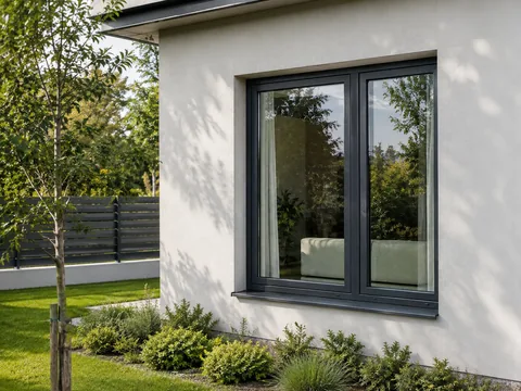Casă modernă cu ferestre din aluminiu antracit ALUMIL SMARTIA S67 și grădină