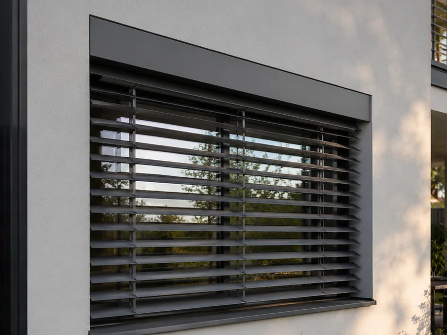 Jaluzele exterioare Raffstore antracit montate la fereastra unei case moderne