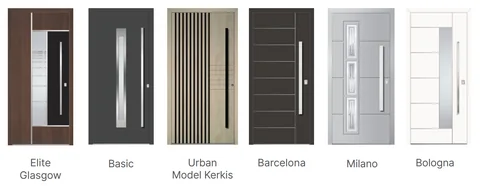 Modele de uși de intrare din aluminiu: Elite Glasgow, Basic, Urban Kerkis, Barcelona, Milano și Bologna