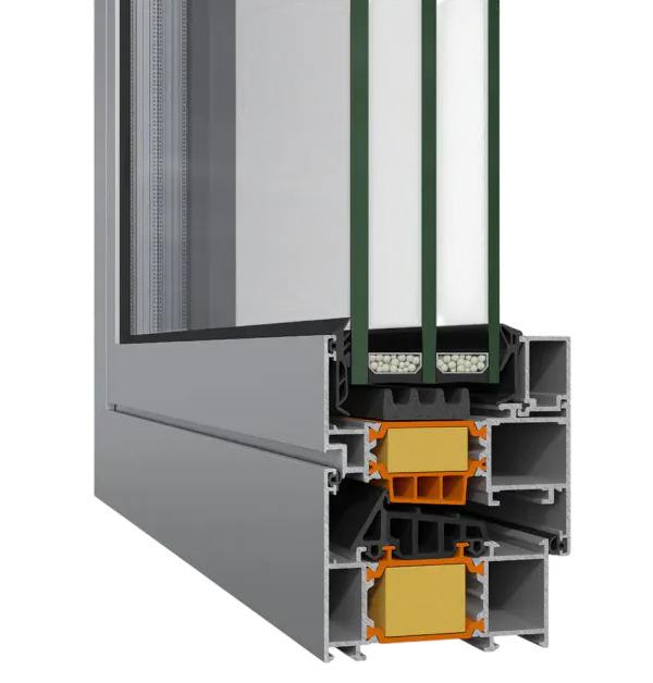 Secțiune profil din aluminiu ALUMIL SUPREME S77 cu geam termoizolant triplu