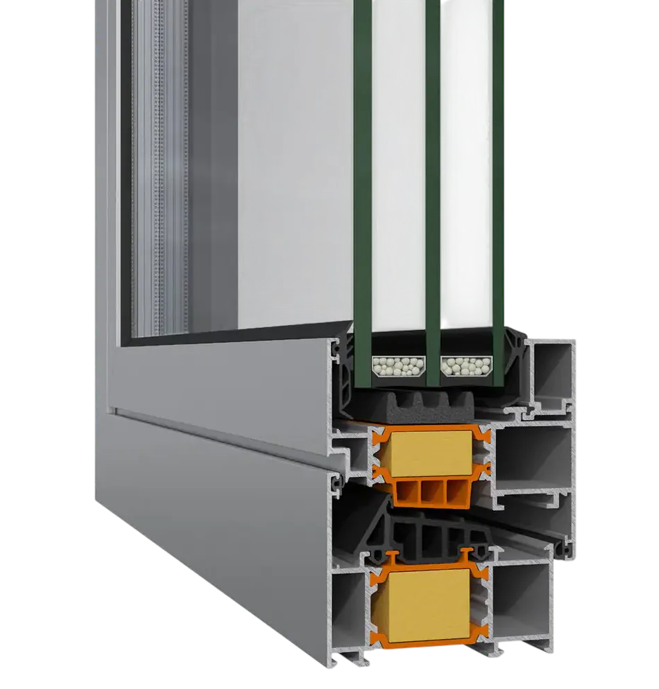 Secțiune profil din aluminiu ALUMIL SUPREME S77 cu geam termoizolant triplu
