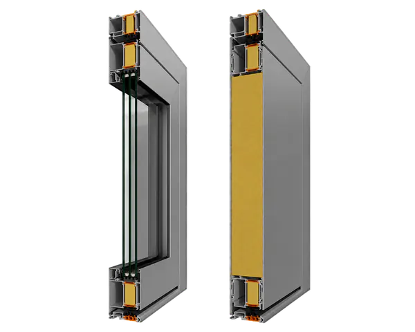 Secțiuni de profil pentru ușă rezidențială din aluminiu ALUMIL, cu vitrare și panou termoizolant