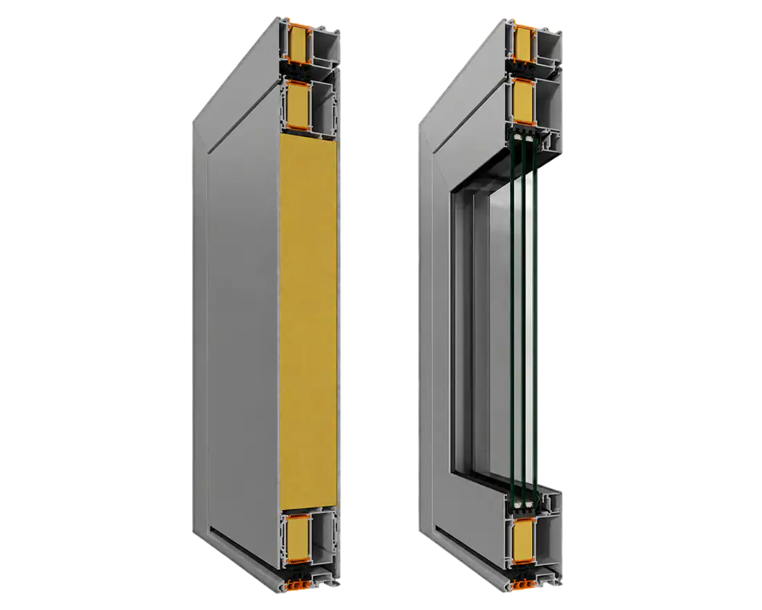 Secțiuni de profil pentru ușă rezidențială din aluminiu ALUMIL, cu vitrare și panou termoizolant