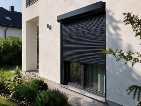 Rulou exterior aplicat din aluminiu antracit montat la fereastra unei case