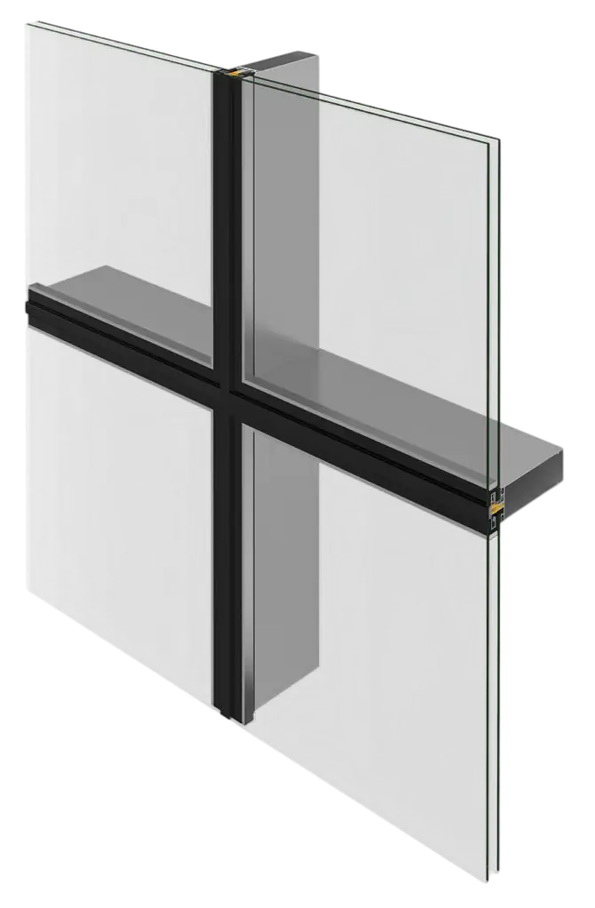 Secțiune sistem de fațadă din aluminiu ALUMIL pentru perete cortină